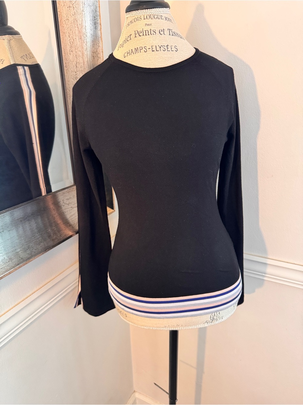 Karen Millen Black Long-Sleeve Knit Top with Striped Hem | Size M